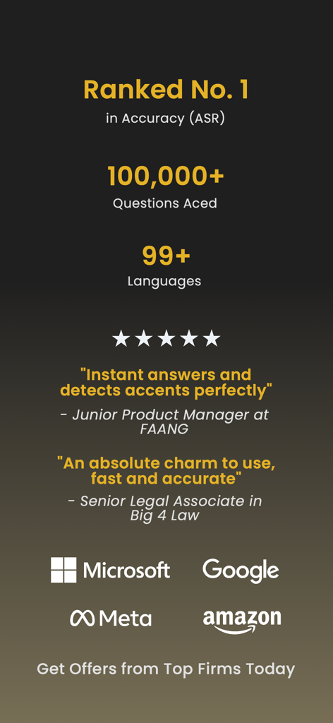Interview Pilot: AI Copilot - Interview Pilot App Screenshot zeigt Top-Genauigkeitsranglisten, Benutzerreferenzen und Logos großer Technologieunternehmen.