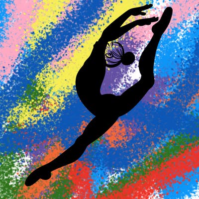 gymnast doing a leap in a leotard with a bent back leg