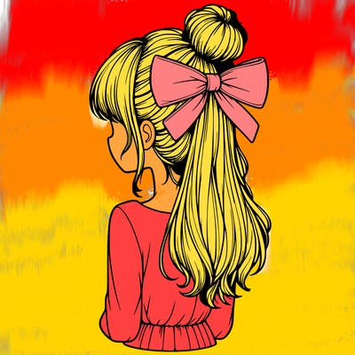 realistic girl  with hip length hair a bun and a big bow on the back of head