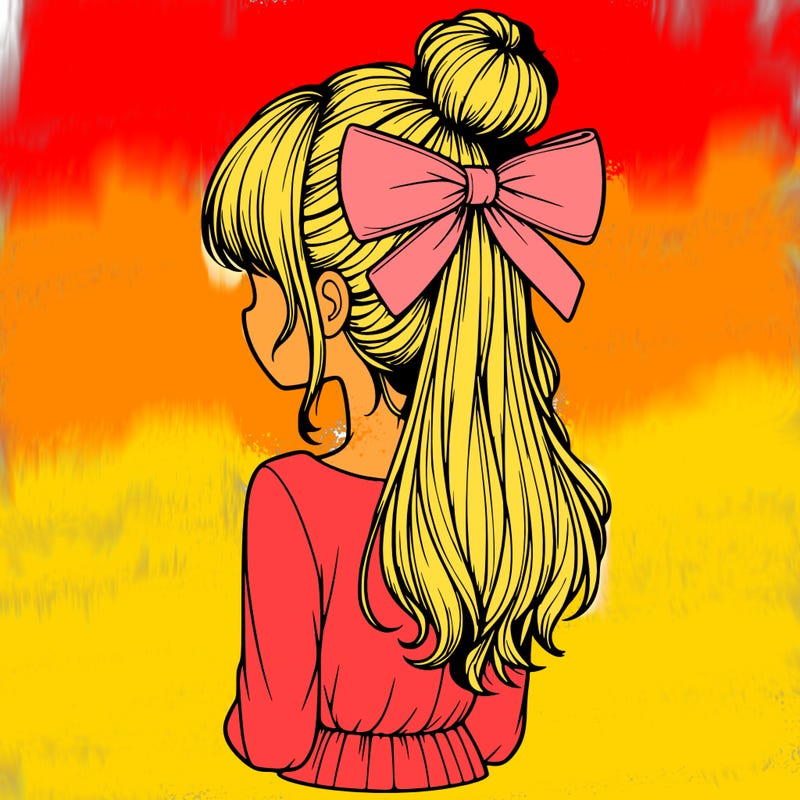 realistic girl  with hip length hair a bun and a big bow on the back of head