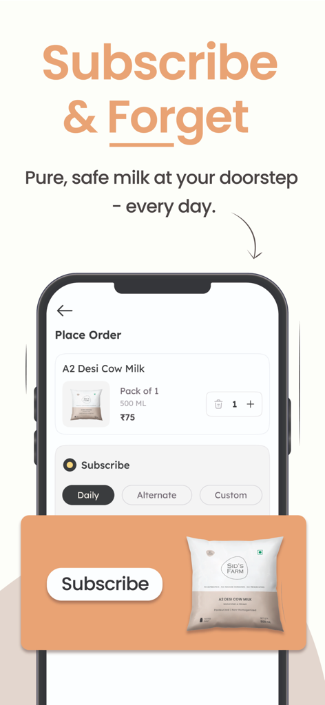 Sid’s Farm - Pure Tested Milk - Sid's Farm mobile app screen for daily milk delivery subscriptions