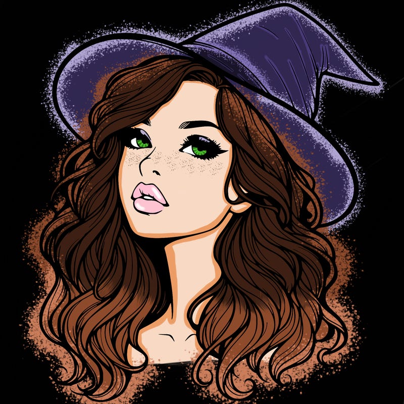 realistic witch girl with wavy hair and lips