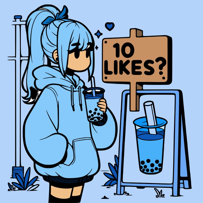 girl with oversized hoodie drinking boba and she has a high ponytail with a sign that says 10likes?