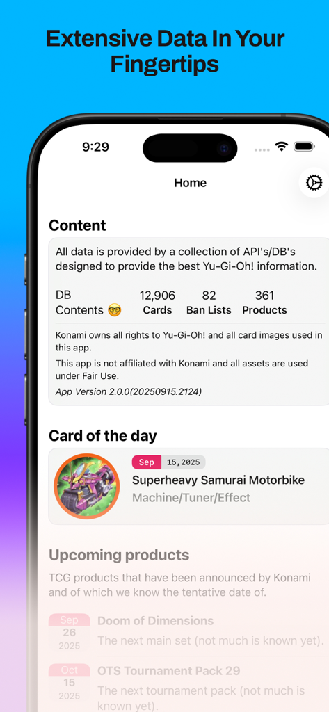 SKC: Yugioh Database - 카드 통계 및 예정된 상품 출시를 보여주는 SKC 유희왕 데이터베이스 앱 대시보드