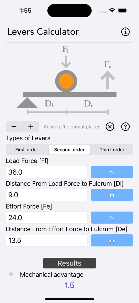 Levers Calculator - Screenshot of the Levers Calculator app interface showing the calculation of mechanical advantage for a second order lever with physics diagrams and unit inputs.