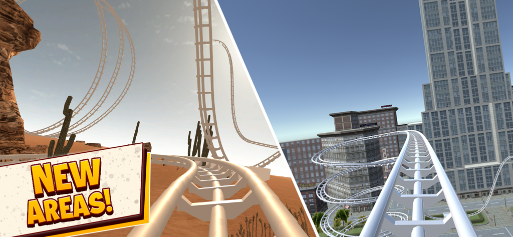 VR Roller Coaster Adventures - Ein geteiltes Bildschirmbild, das virtuelle Achterbahnstrecken in einer Wüste und einer modernen Stadtlandschaft zeigt