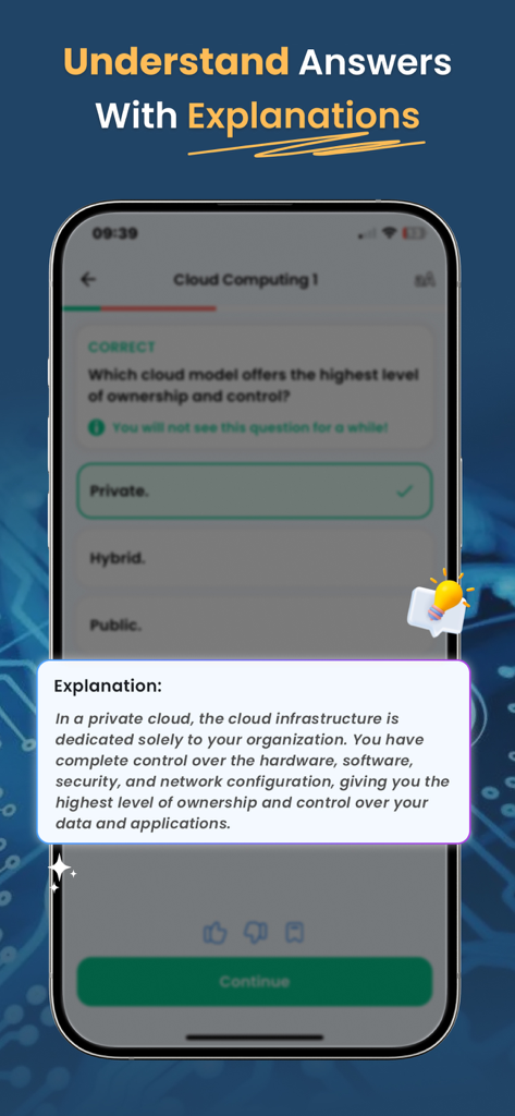 AZ-900 exam preparation screen showing a question about cloud models with a detailed answer explanation