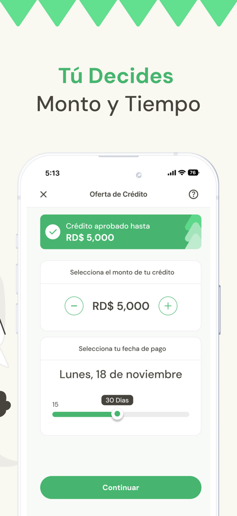 Giro Crédito - Tela do aplicativo móvel Giro Crédito mostrando opções para selecionar um valor de crédito de cinco mil pesos e escolher uma data de pagamento.