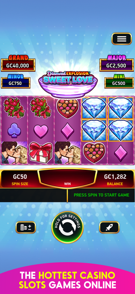Pulsz: Online Casino Games - Diamond Explosion Sweet Love slot machine interface in the Pulsz app