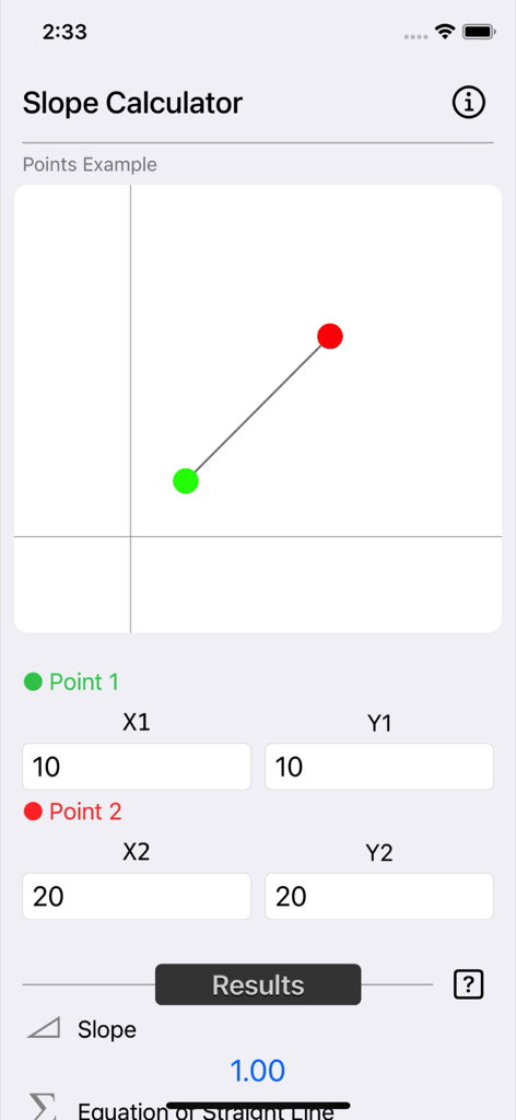 Interfaz de la aplicación Calculadora de Pendiente Plus mostrando un gráfico y resultados calculados para dos puntos