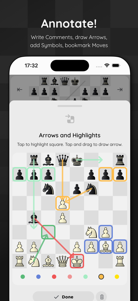 ChessBase Mobile - プロフェッショナルなチェス分析インターフェース。チェス盤上に色付きの矢印とハイライトが表示されている
