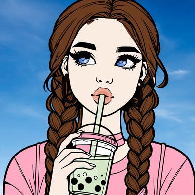 realistic girl with braided hair drinking boba