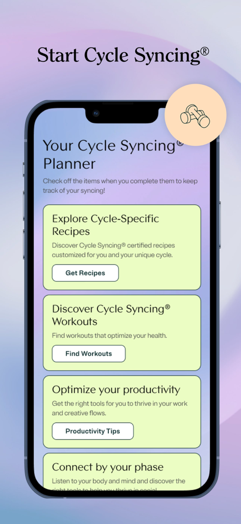 Interfaz del Planificador de Cycle Syncing de la aplicación MyFlo con secciones para recetas personalizadas, entrenamientos y consejos de productividad.