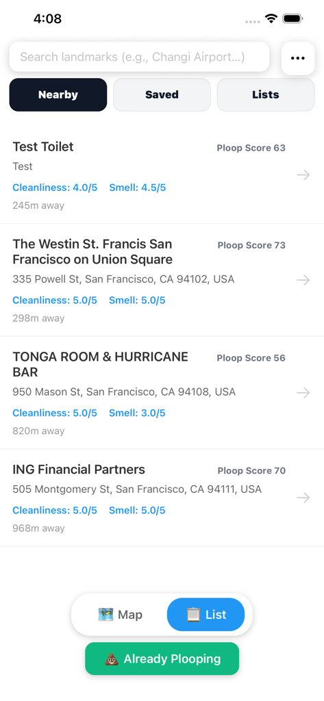 Ploop - List of nearby restrooms in the Ploop app with cleanliness ratings and addresses