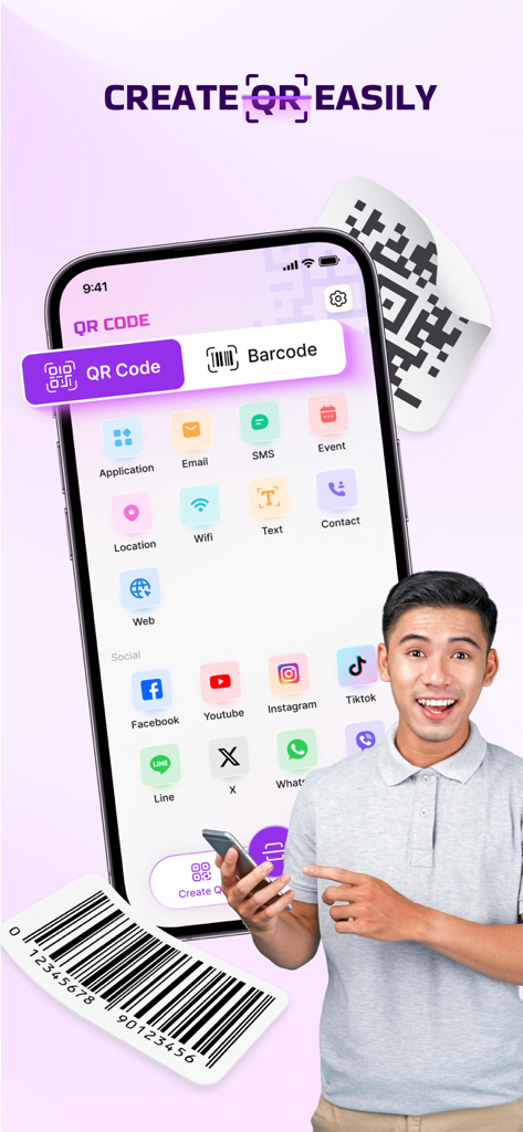 Scan QR Code - Barcode Maker - User interface of the Scan QR Code and Barcode Maker app displaying options to create QR codes for social media and utility links