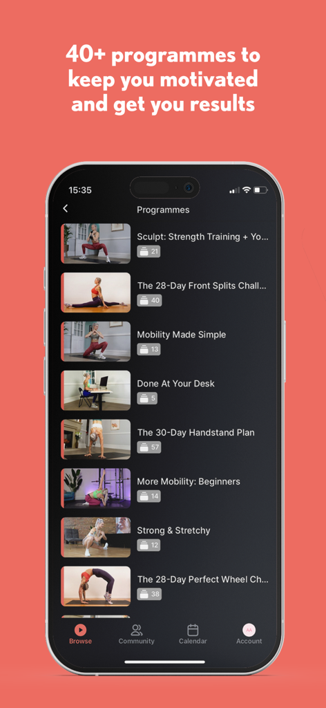 The Yoga Rebel Studio - Smartphone screen displaying the Yoga Rebel Studio app with a list of yoga and strength training programmes like handstand plans and splits challenges.