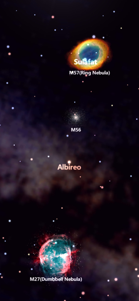 Live sky map showing Ring Nebula and Dumbbell Nebula in the Star Tracker Lite app