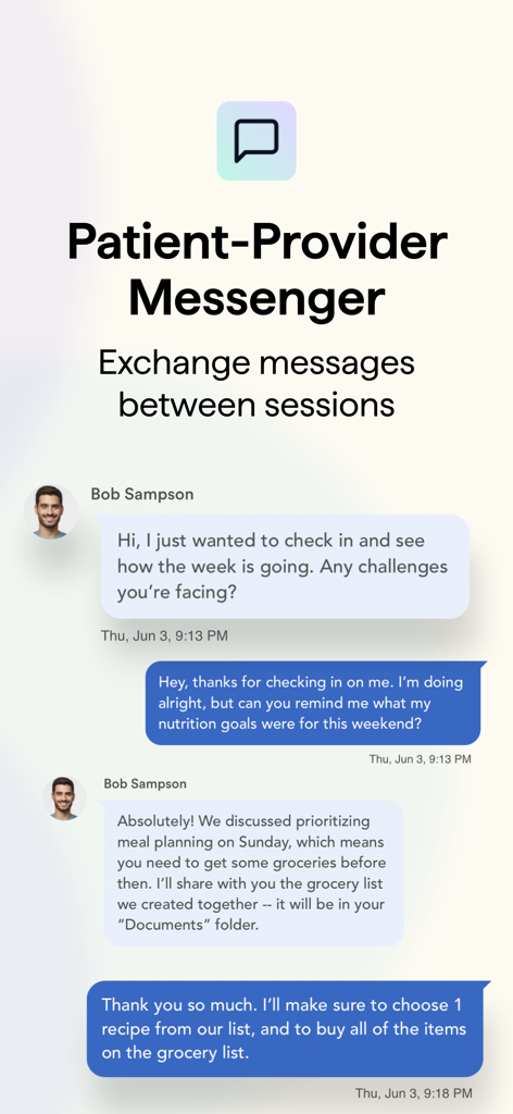 Healthie - Interface of the Healthie app showing a secure chat conversation between a wellness provider and a client.