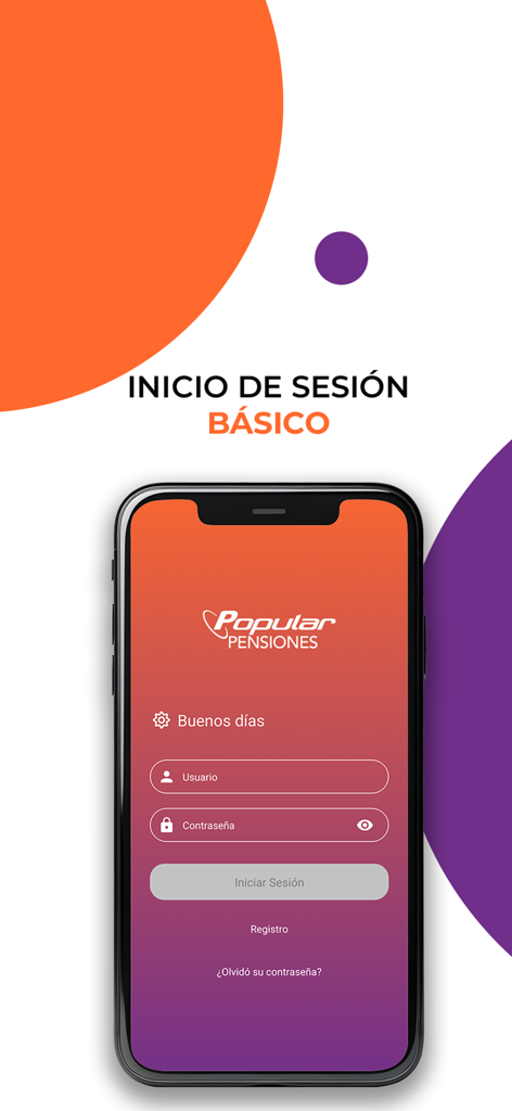 Popular Pensiones - Login screen of the Popular Pensiones app for Costa Rican retirement fund management