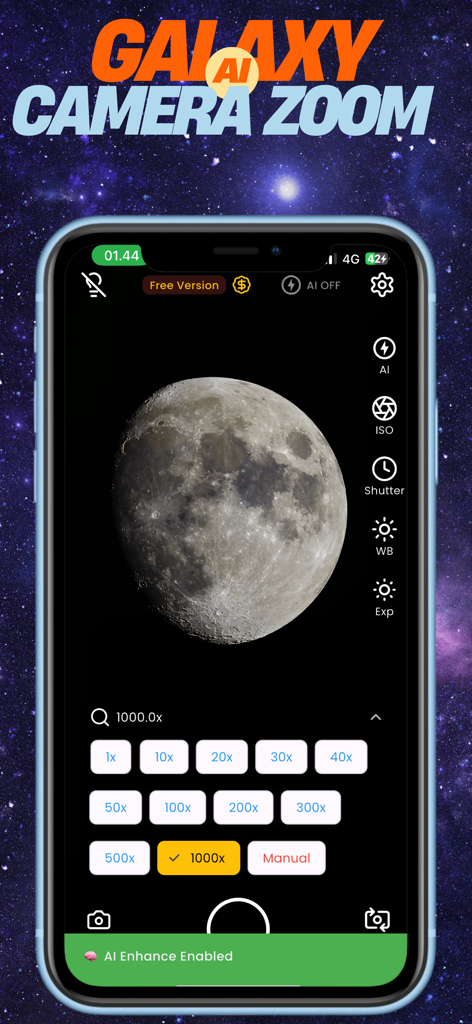 Galaxy Camera Ai : 1000x Zoom - Smartphone screen showing the Galaxy Camera Ai app capturing a 1000x zoom high-detail photo of the moon with manual controls