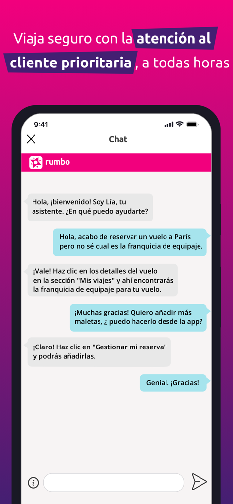 Interface of the Rumbo app showing a priority customer service chat with a virtual assistant in Spanish