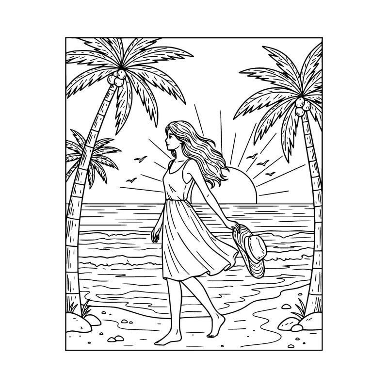 sunset on the beach with a young woman.