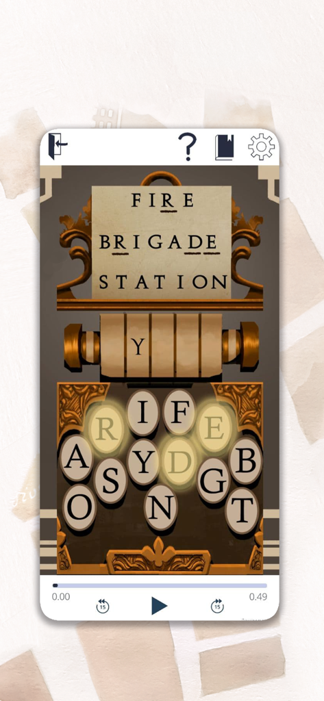 StoryTourist app interface showing an interactive word puzzle themed around a Fire Brigade Station with an audio player.