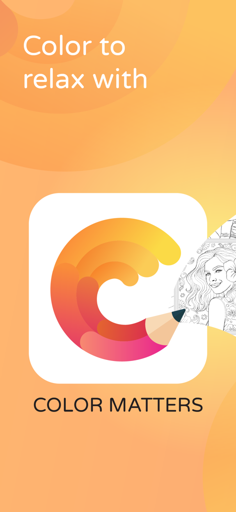 Color Matters app intro screen with logo and text color to relax with