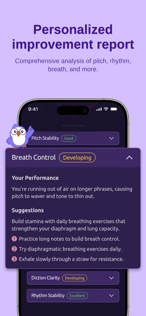 Vocaflow - Singing Coach - A personalized singing improvement report showing performance analytics for breath control and pitch stability.
