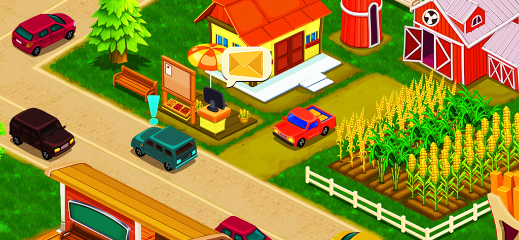 Farm City - A top-down view of the Farm City mobile game showing a red truck near a corn field and houses with cars on the road.