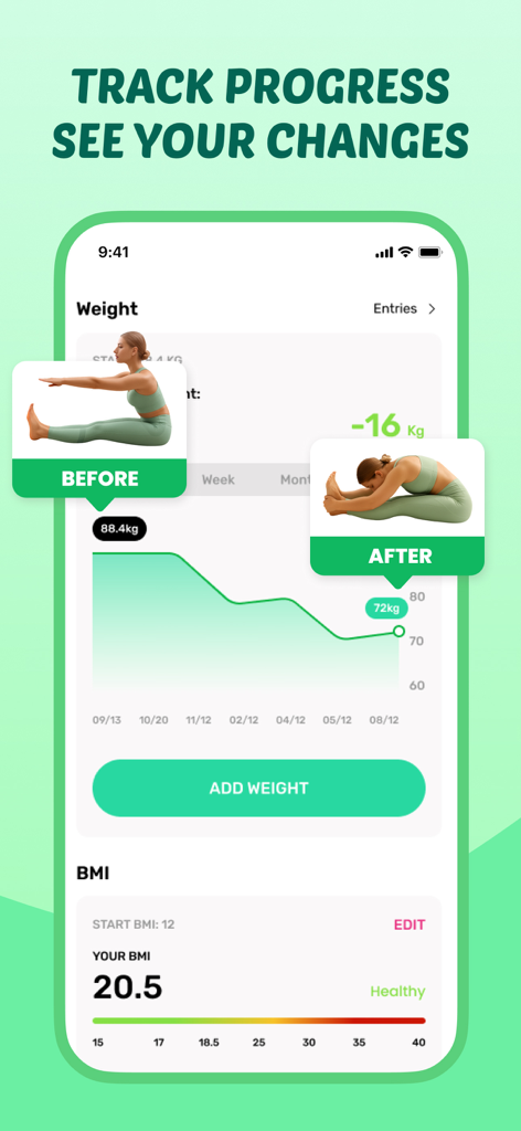Stretch+Flexibility~Bend Flex - Pantalla de la aplicación Bend Flex que muestra un gráfico de pérdida de peso y progreso de flexibilidad