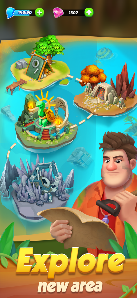 Horizon Island: Farm Adventure - El personaje Karl sosteniendo un mapa para explorar varias ubicaciones de la isla en el juego Horizon Island Farm Adventure