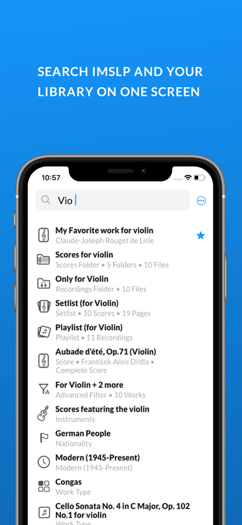 IMSLP - Search screen of the IMSLP app showing sheet music and recording results for violin.