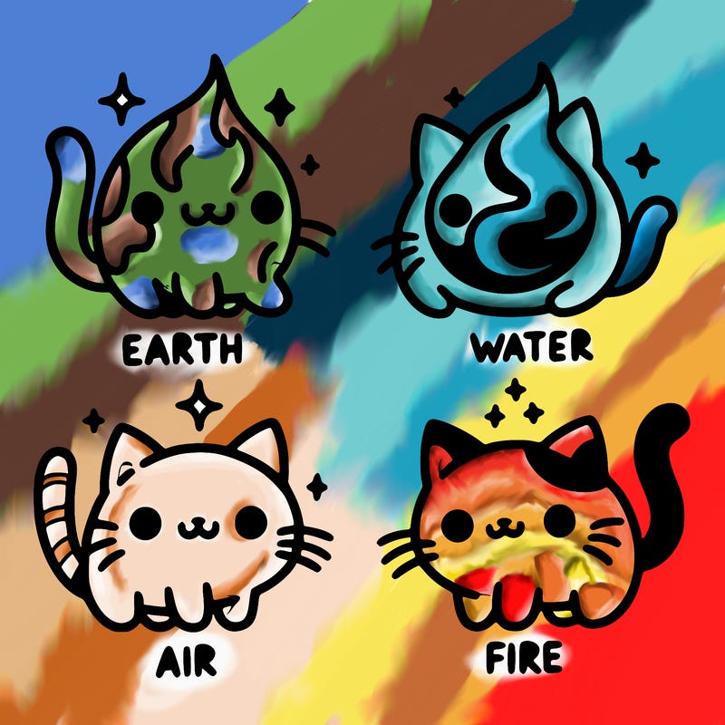 4 cats that represent the different elements, earth, water, air, and fire