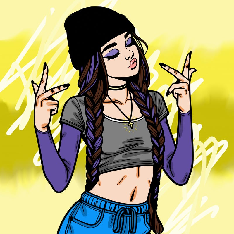 realistic teenage girl with braids and a beanie and crop top doing 🫶🏼