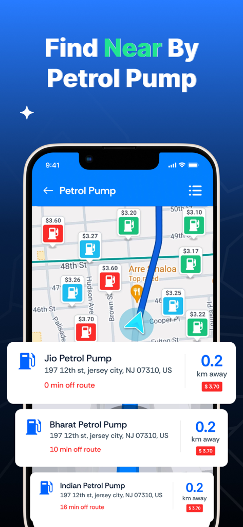 GPS Navigation & Offline Maps - Smartphone screen displaying nearby petrol pumps with prices and distance on a navigation map