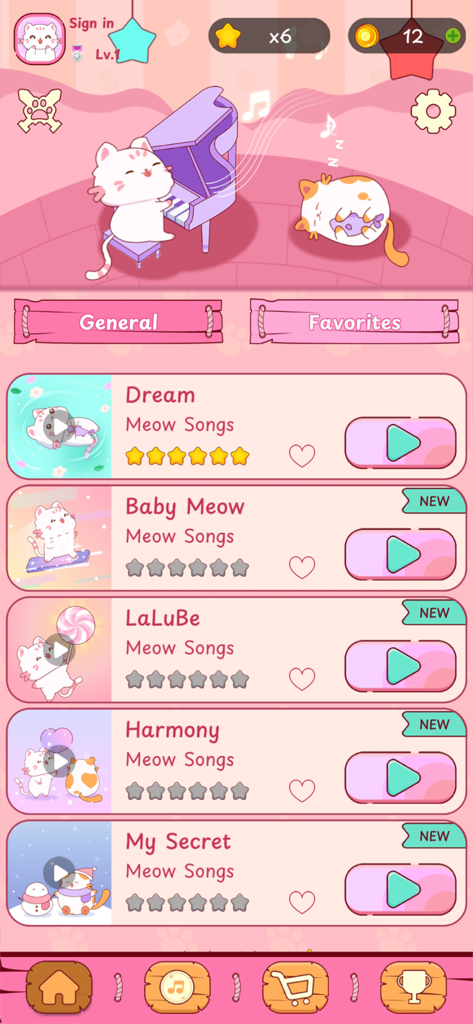 Cats Tiles - 可愛い猫のアニメーションとピンクの音楽インターフェースを特徴とする、キャッツアプリのミャウソングのリスト。