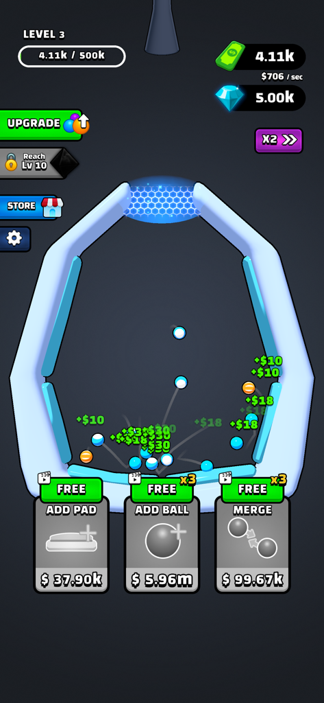 Juego de Balls Bounce mostrando bolas fusionándose en un contenedor y opciones de mejora