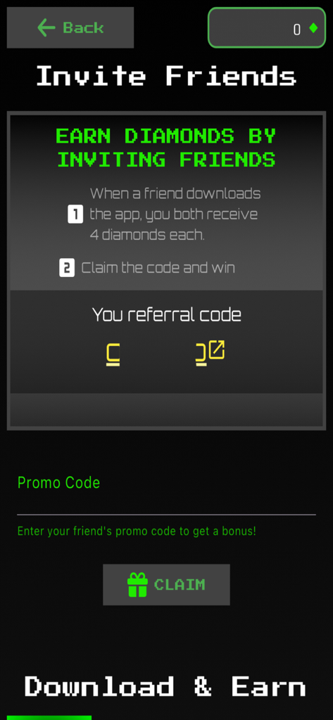 Bitcoin Minerシミュレーションアプリの友達を招待してダイヤモンドを獲得する画面