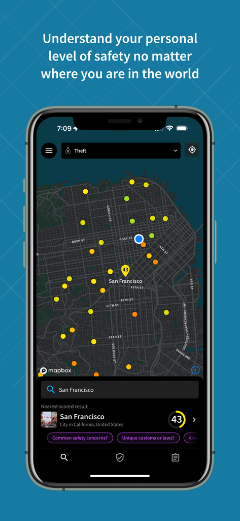 Smartphone, das die Sicherheitskarte der GeoSure-App mit Nachbarschaftsbewertungen für San Francisco anzeigt
