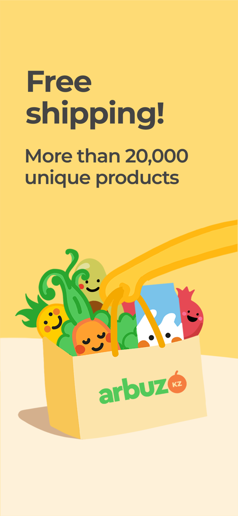 Aplicación Arbuz.kz promocionando envío gratis y más de 20.000 productos únicos con una bolsa de comestibles de dibujos animados