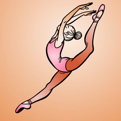 gymnast doing a leap in a leotard with a bent back leg