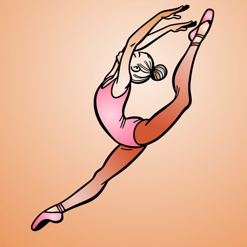 gymnast doing a leap in a leotard with a bent back leg