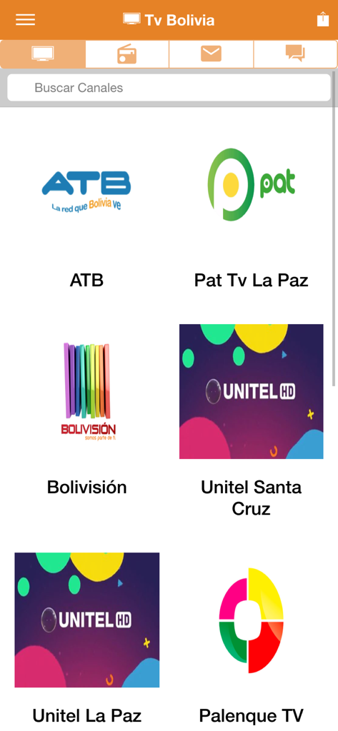 Tv Bolivia - Mobile app interface for Tv Bolivia displaying a list of available Bolivian television channels like ATB, Unitel, and Bolivision