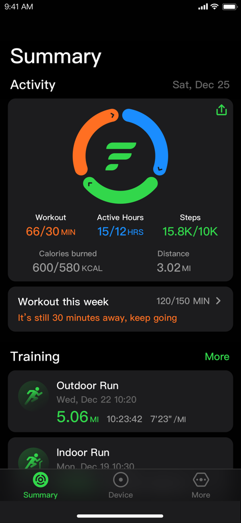 Letsfit - Letsfit app summary screen showing fitness tracking data with progress rings for workout minutes active hours and total steps