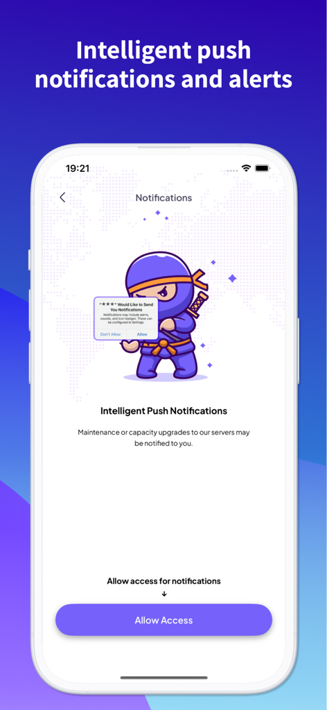 Screenshot of VPN Ninja app showing the intelligent push notifications and alerts setup screen with a ninja character