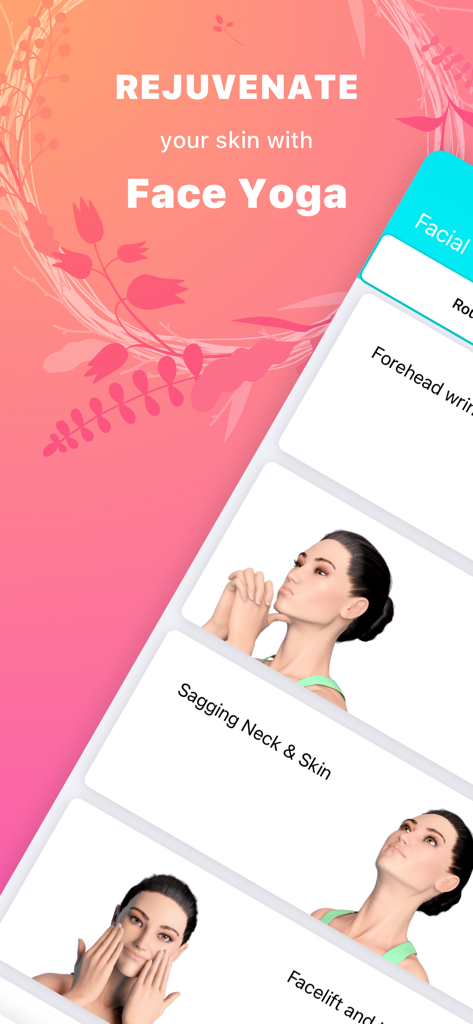 A face yoga app interface showing exercises to rejuvenate skin and treat sagging neck