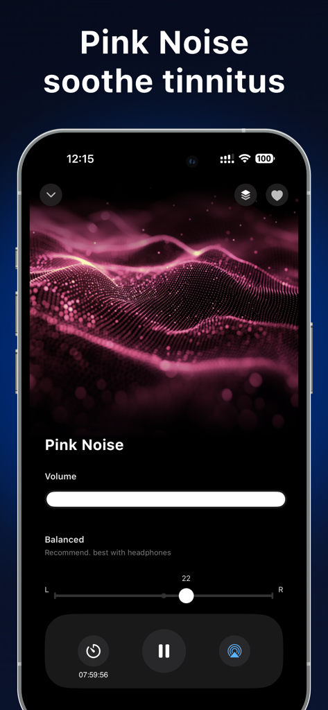 TinniSound: Tinnitus Relief - TinniSound app interface displaying pink noise therapy with ear balance control for tinnitus management.