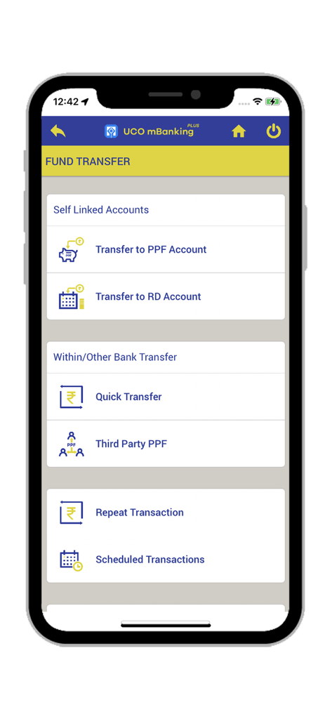 UCO mBanking Plus - UCO mBanking Plus app fund transfer menu screen