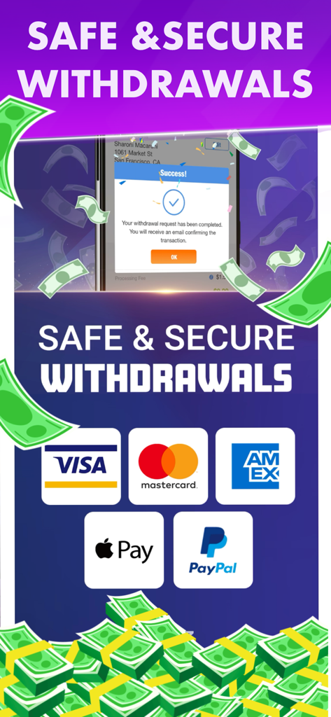 Block Cash: Win Real Money - Safe and secure withdrawal options for real money winnings in Block Cash app showing PayPal and Apple Pay logos